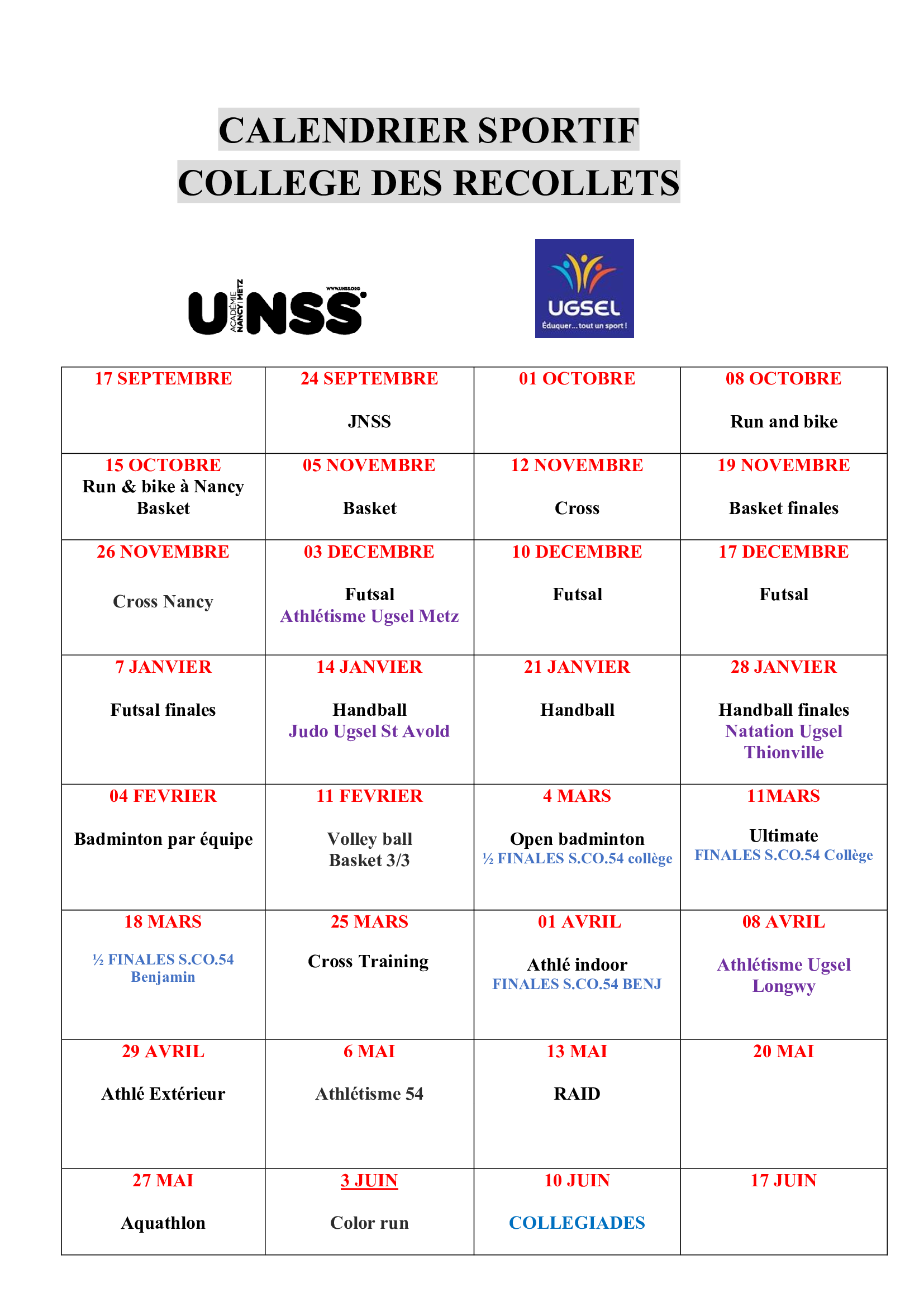 Calendrier UNSS Collège - Les Récollets
