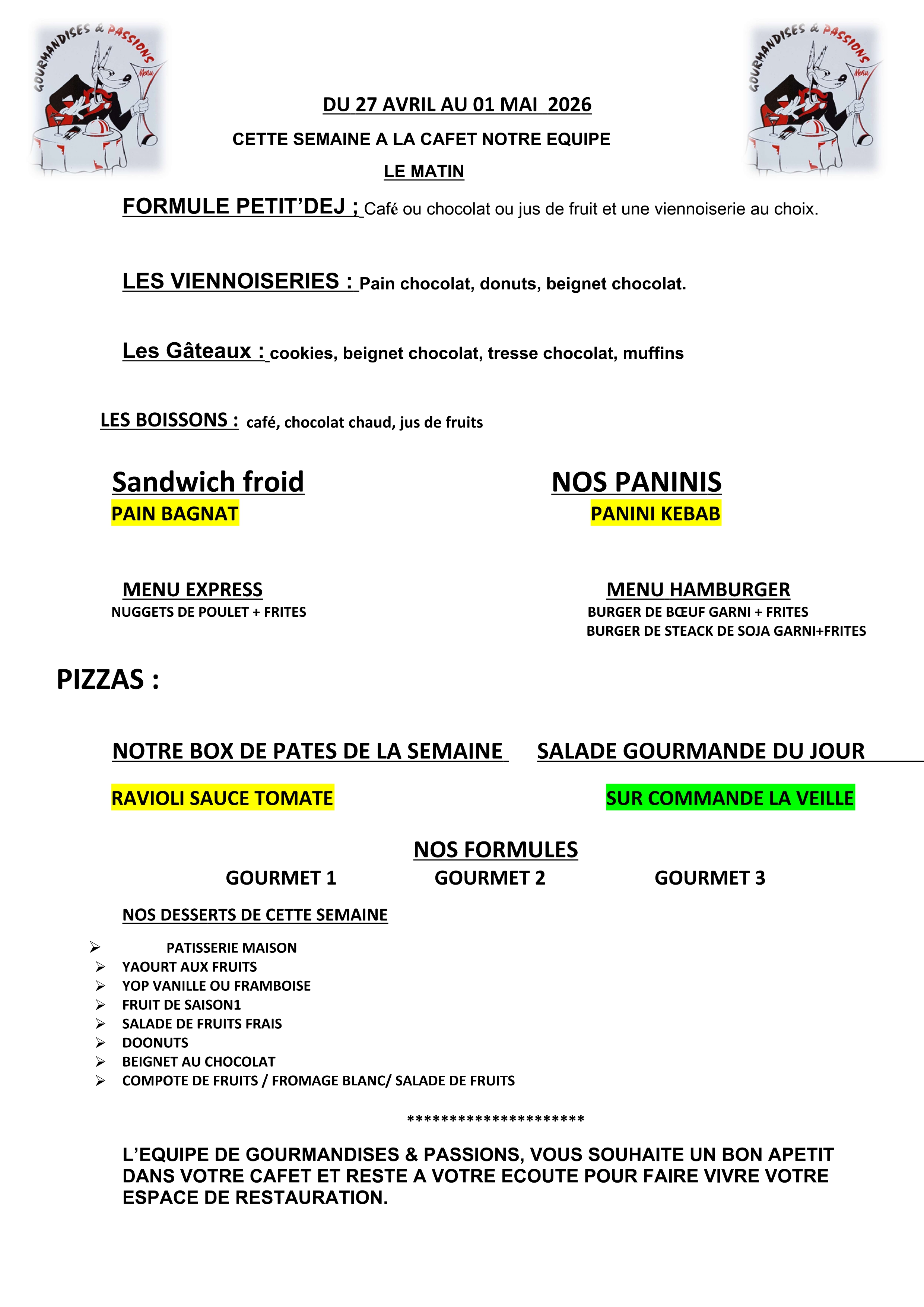 Menu Cafeteria du Lycee - Les Recollets