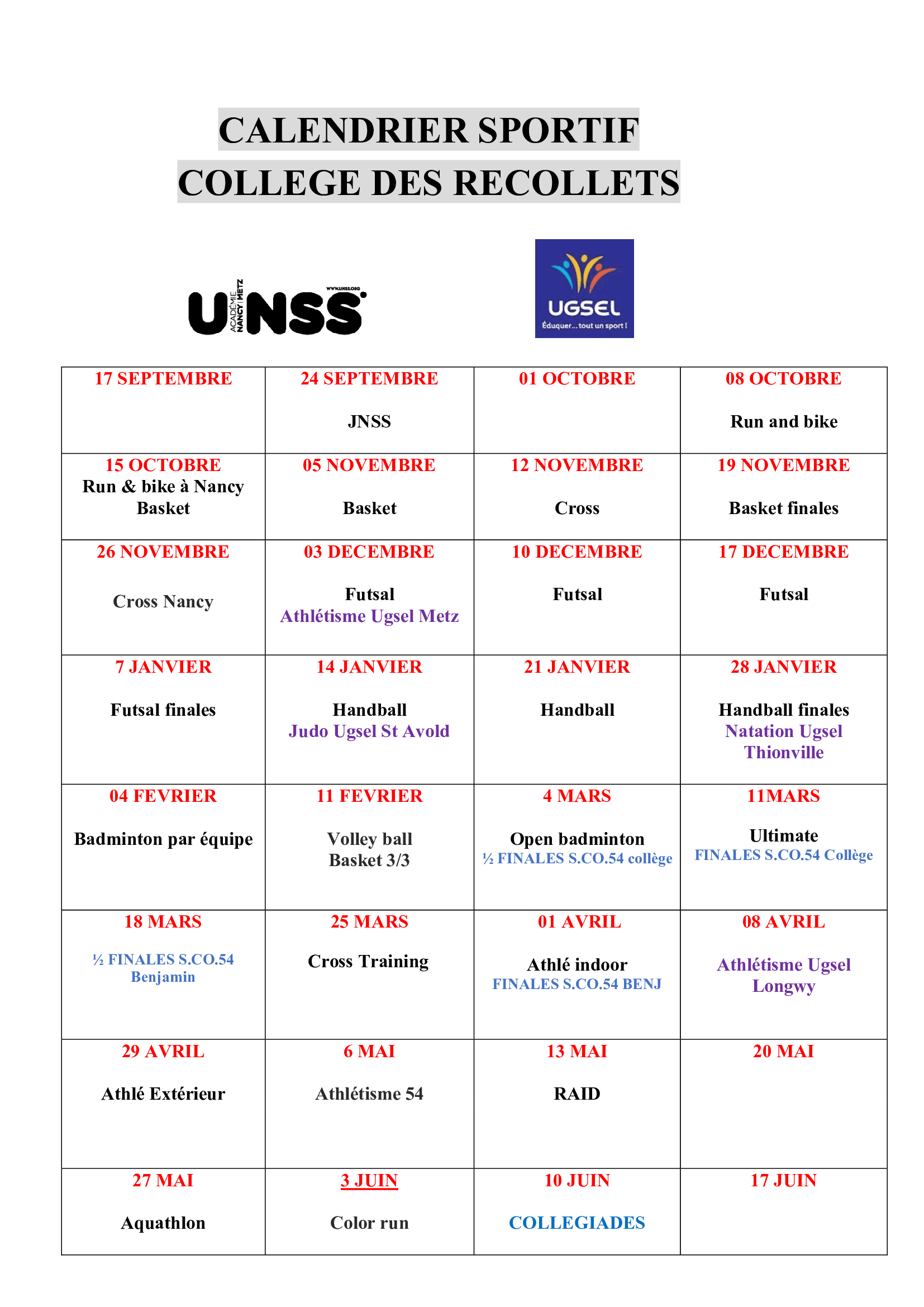 Calendrier UNSS Collège - Les Récollets