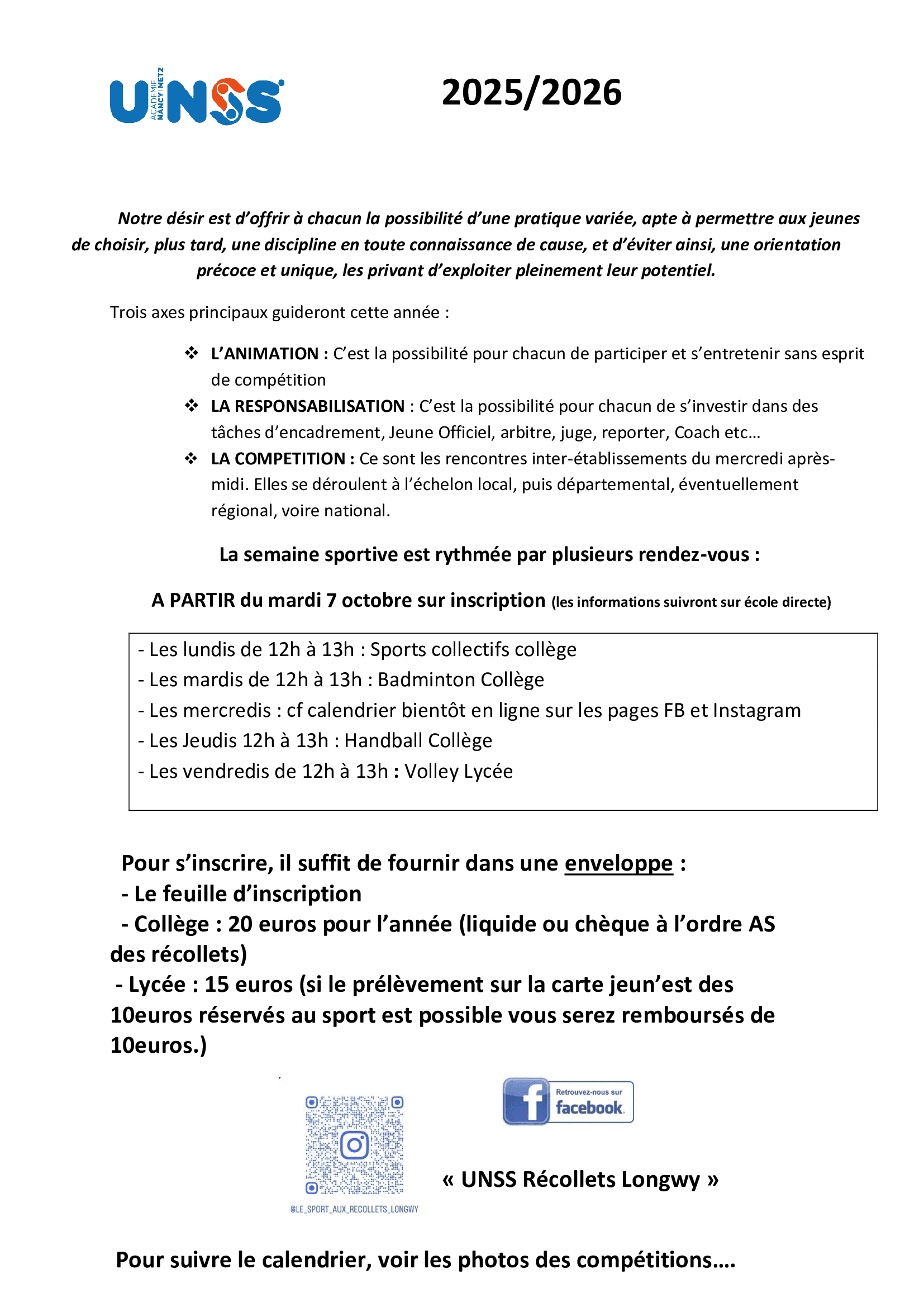 Inscription UNSS - Les Récollets