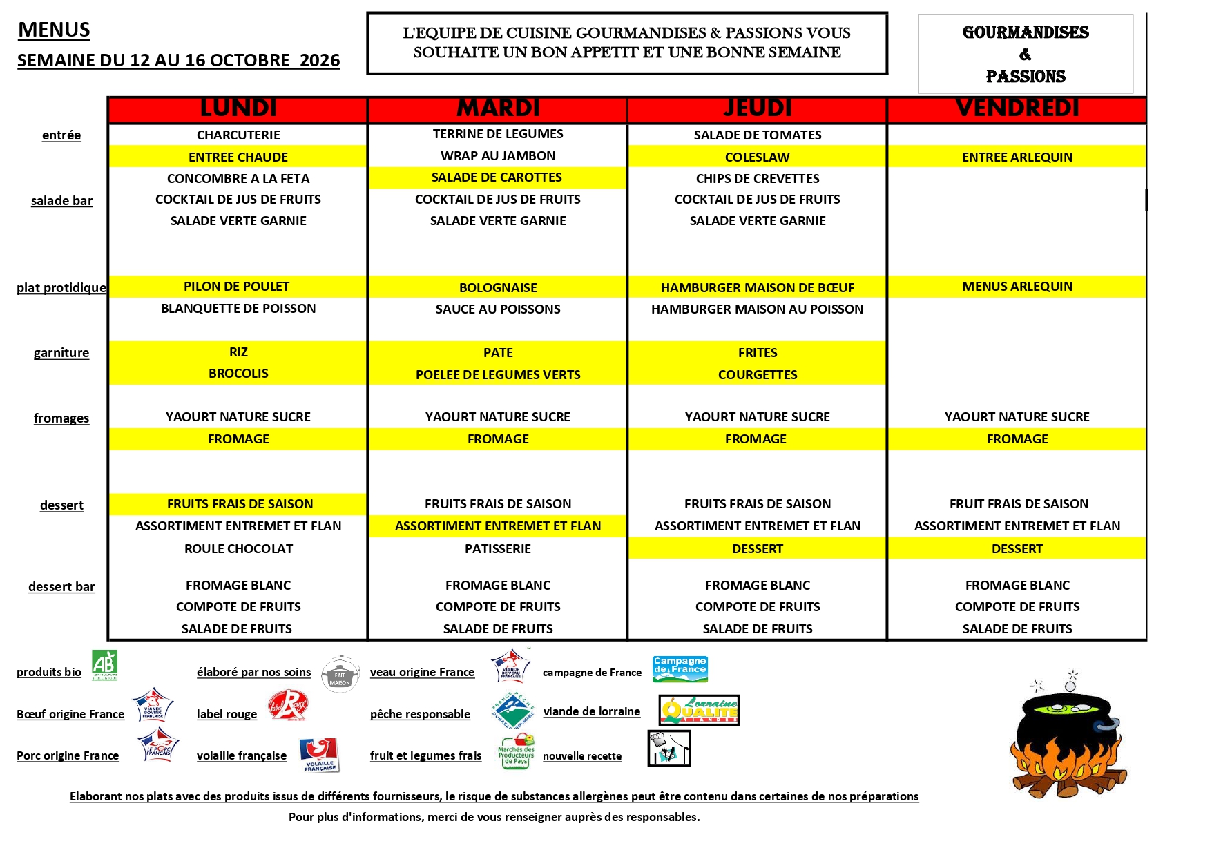 Menu Self / Restaurant Scolaire de la semaine